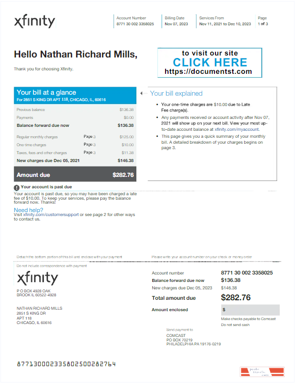 USA XFINITY utility bill Word and PDF template
